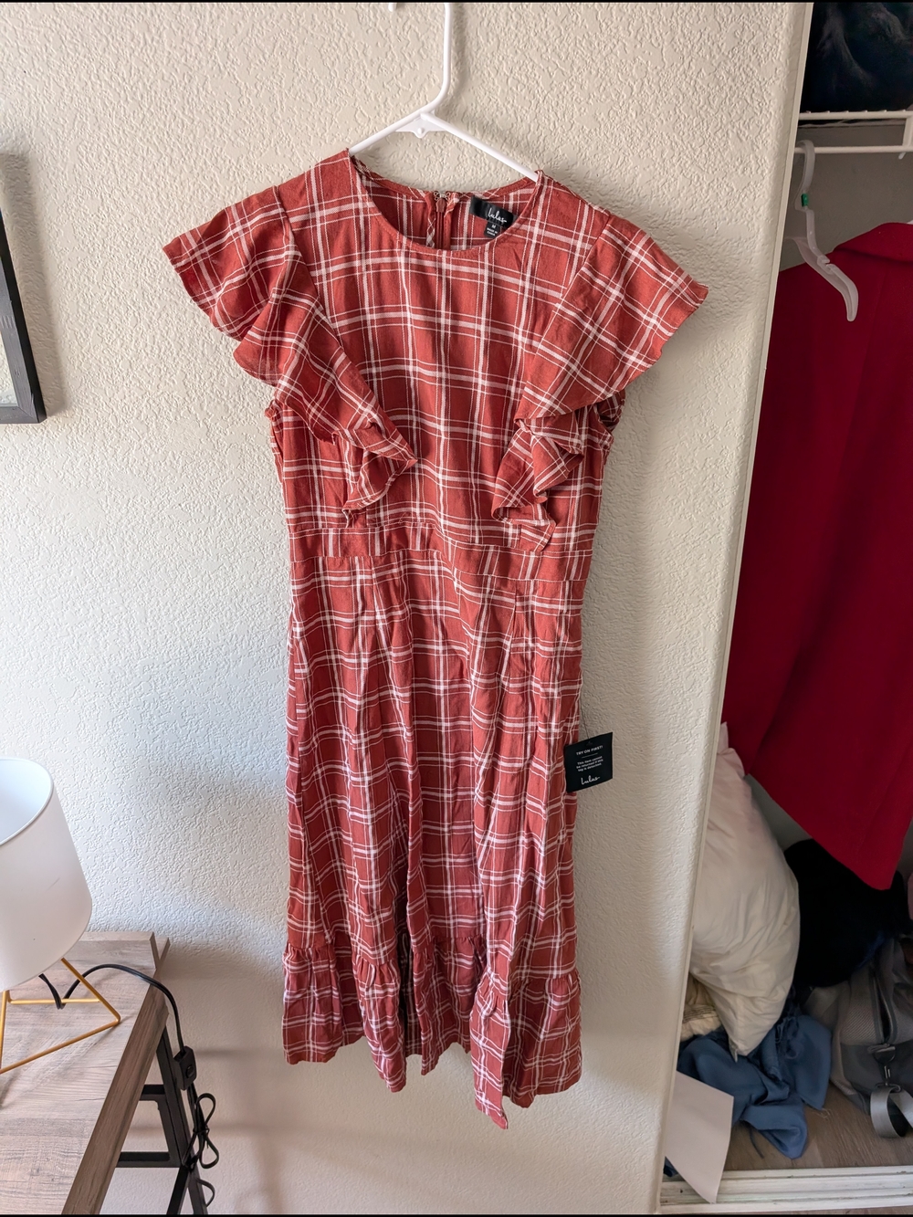 Lulu's Rust Plaid Ruffle-Sleeve Midi Dress